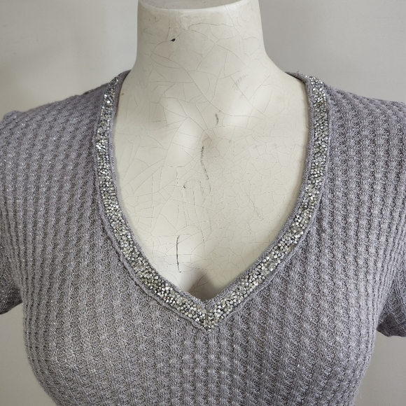 Juicy Couture Gray Waffle Top Jewelled V-Neck Tunic Sharkbite Casual Y2K Bling - Picture 5 of 10
